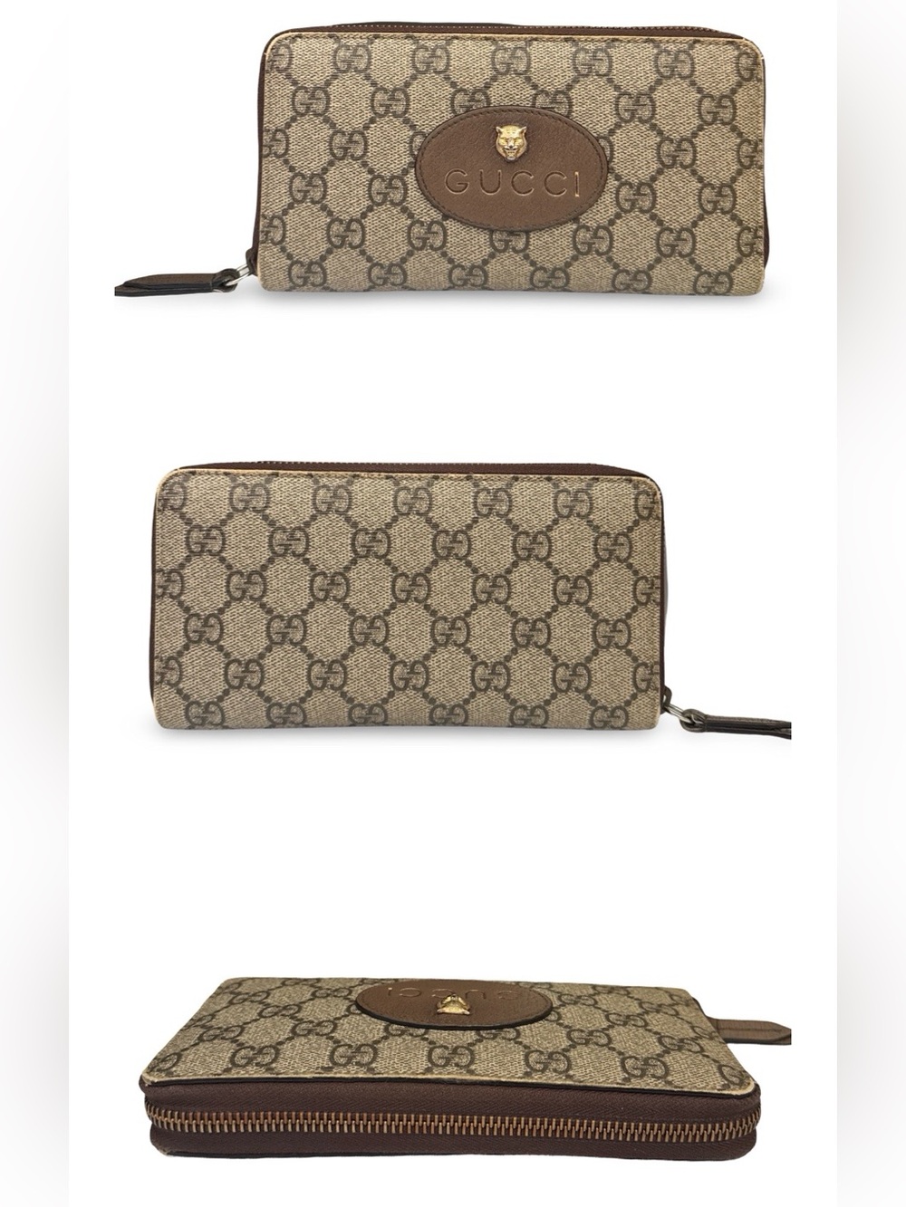 Gucci Beige Brown GG Supreme Zip-Around Wallet with Gold Accent Coated Canvas